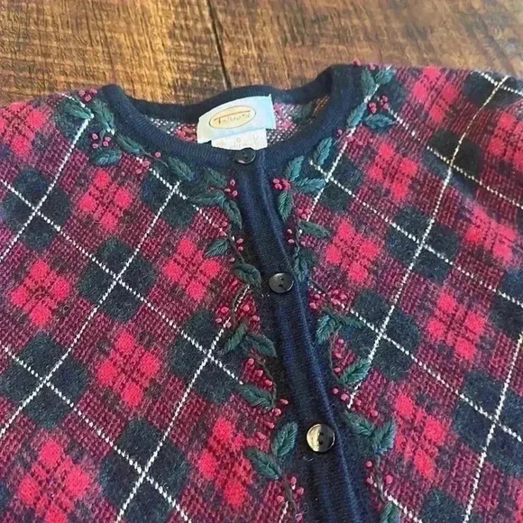Talbots | Vintage 90’s Plaid Holiday Button Down Sweater, 100% Merino Wool - Picture 4 of 9